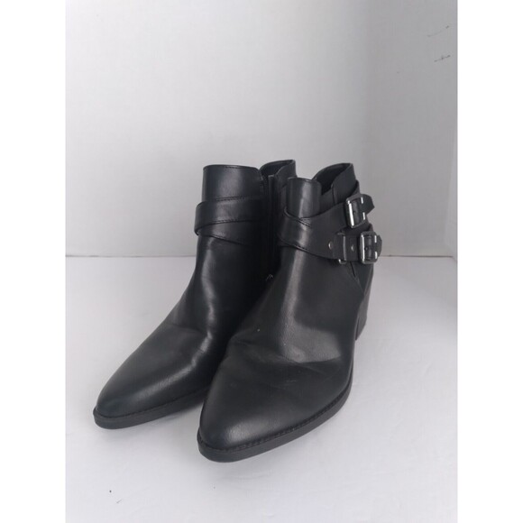 Buckle‎ Ankle Boots Stacked Heel Pointed Toe Black Booties - Picture 5 of 5